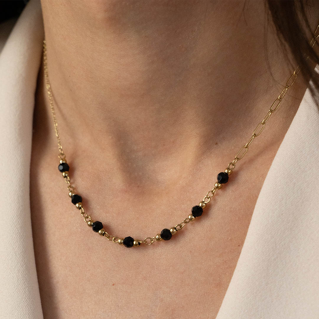 Naszyjnik z podwójnym splotem i czarnymi koralikami stal chirurgiczna