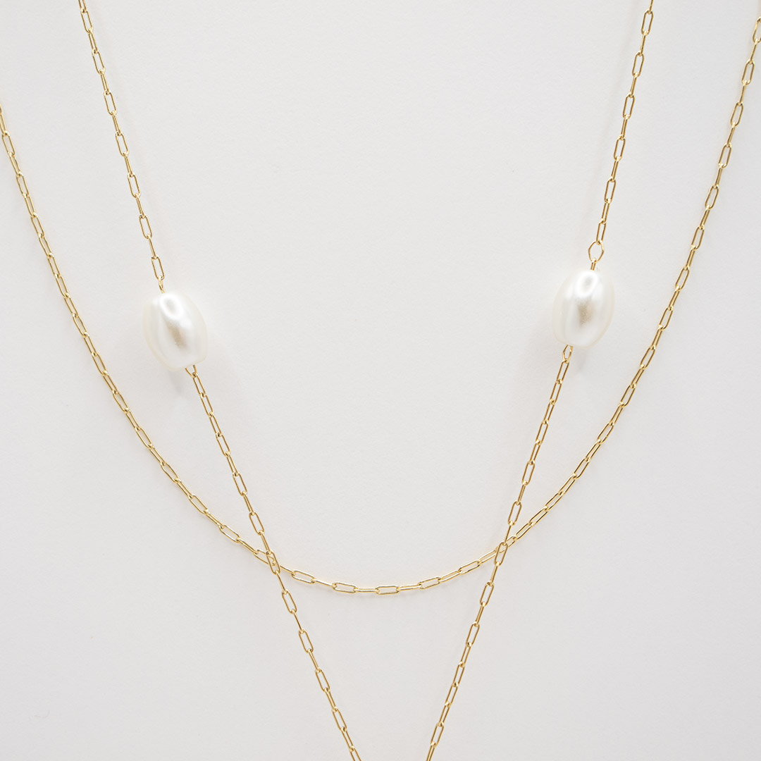 Naszyjnik krawatka pozłacana stal szlachetna perełkowe koraliki