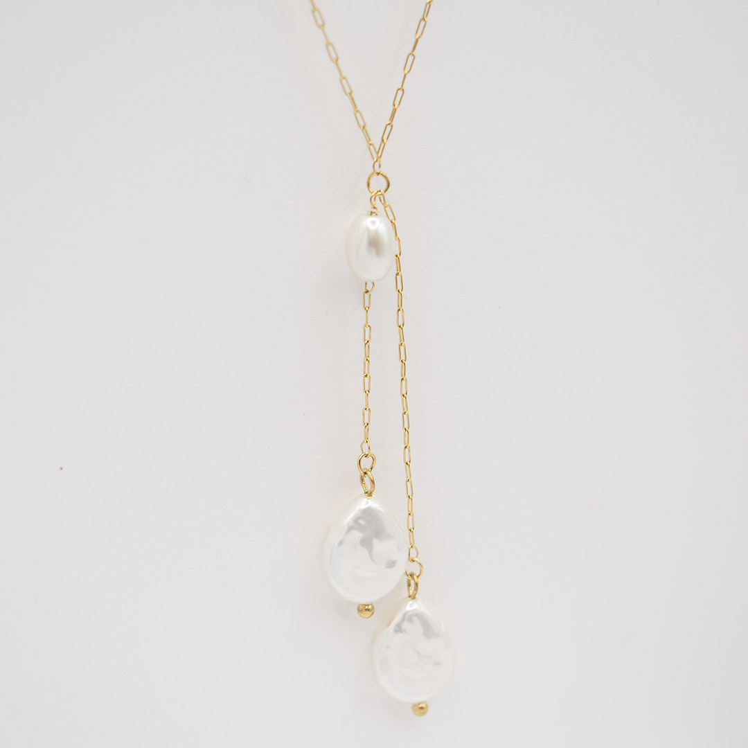 Naszyjnik krawatka pozłacana stal szlachetna perełkowe koraliki