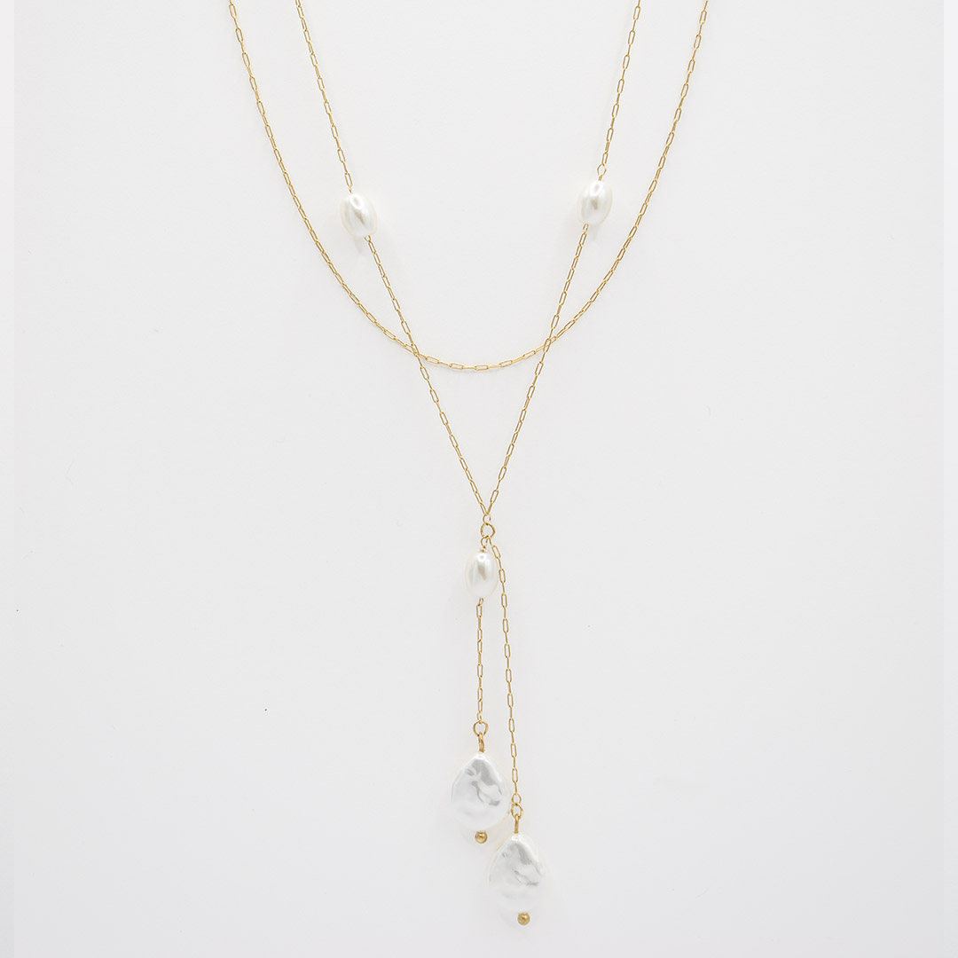 Naszyjnik krawatka pozłacana stal szlachetna perełkowe koraliki