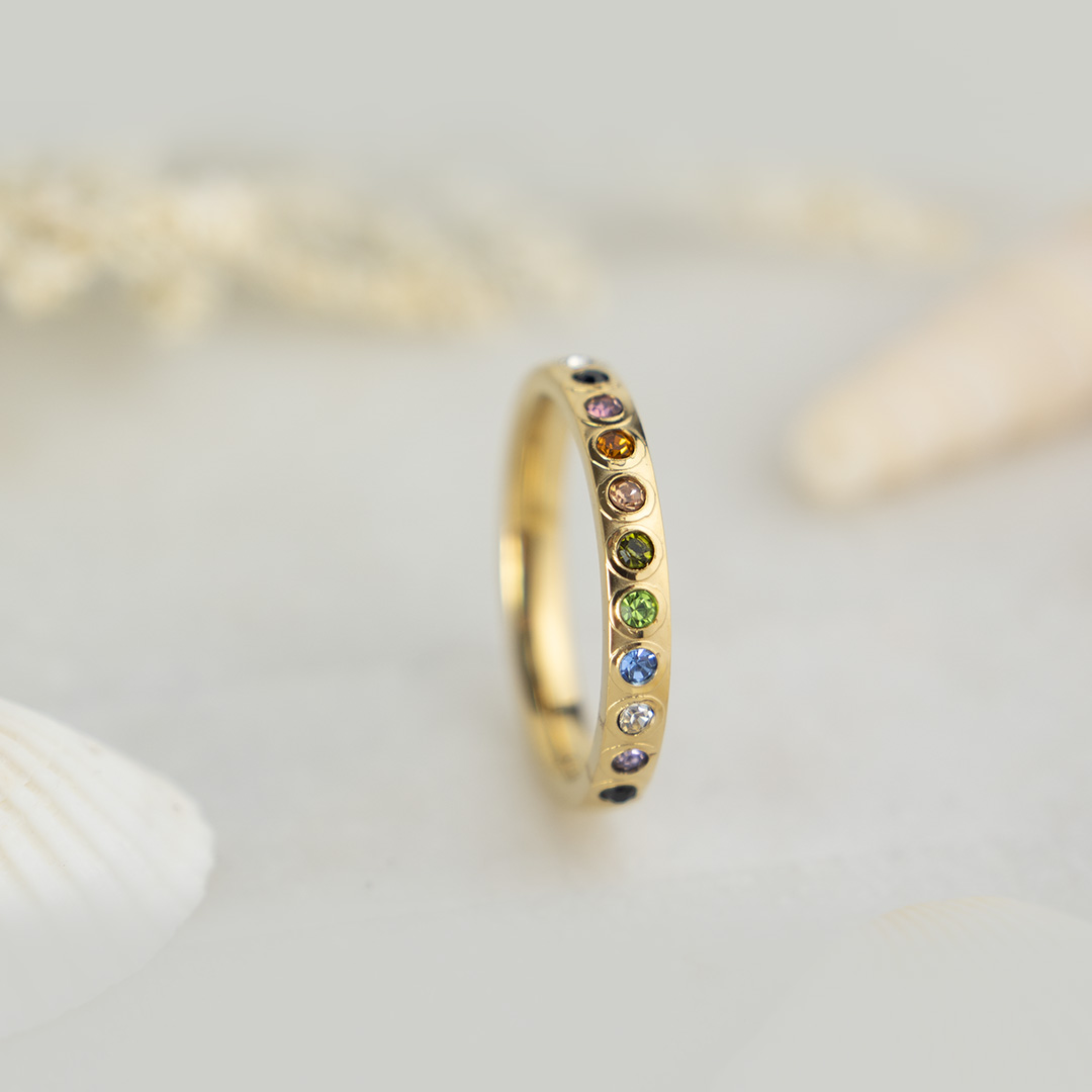 Pierścionek z kolorowymi cyrkoniami stal chirurgiczna