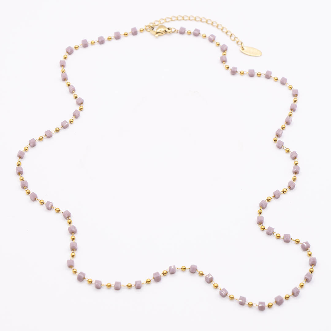 Naszyjnik z różowymi koralikami pozłacany stal nierdzewna