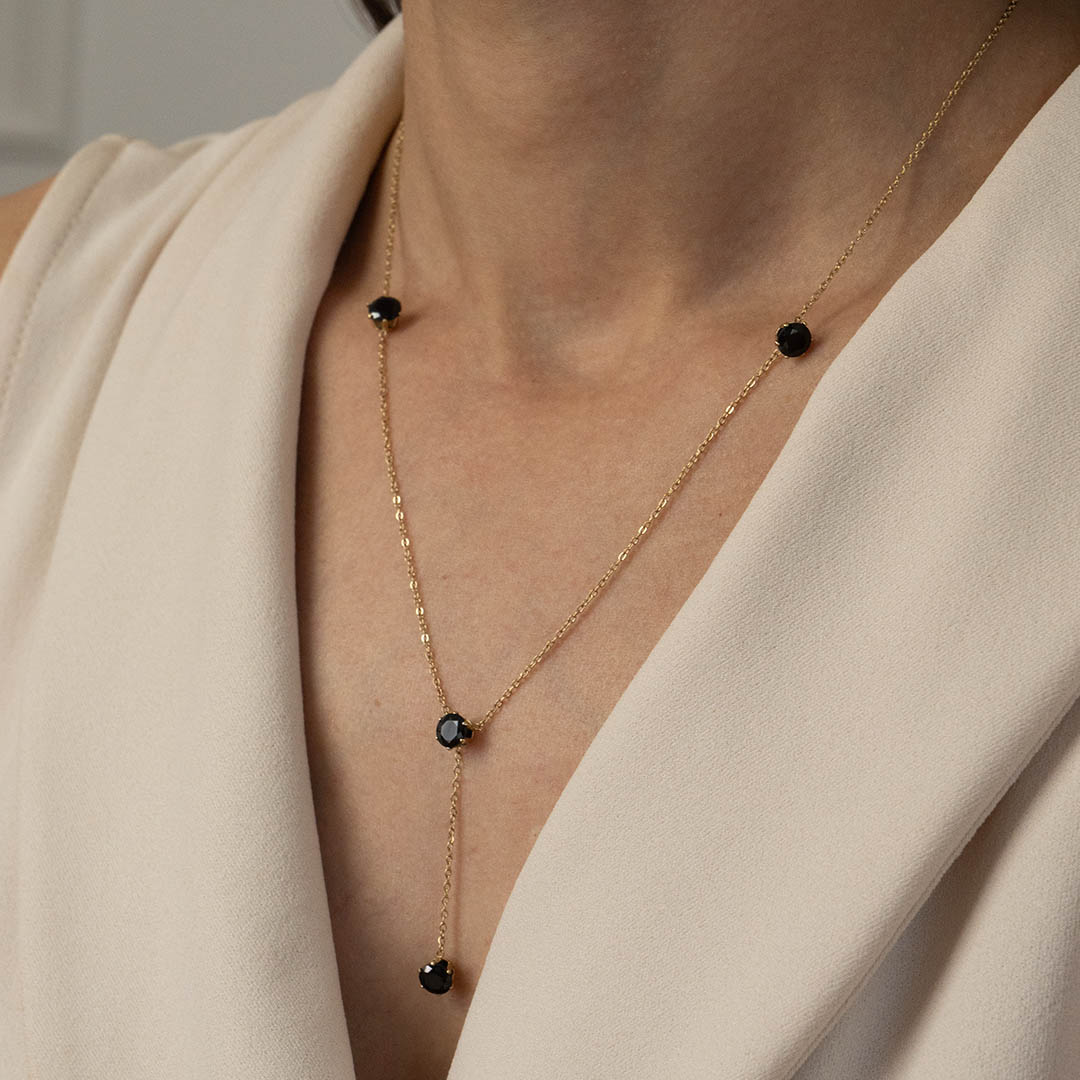 Naszyjnik z czarnymi cyrkoniami i krawatką stal szlachetna