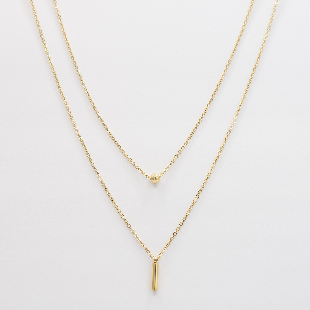 Naszyjnik podwójny z kulką i zawieszką pozłacana stal chirurgiczna